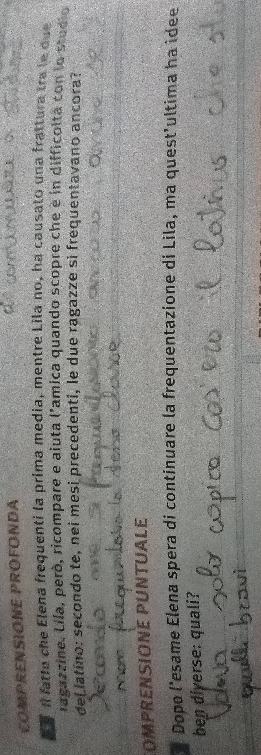 COMPRENSIONE PROFONDA 
Ií fatto che Elena frequenti la prima media, mentre Lila no, ha causato una frattura tra le due 
ragazzine. Lila, però, ricompare e aiuta l'amica quando scopre che è in difficoltà con lo studio 
del latino: secondo te, nei mesi precedenti, le due ragazze si frequentavano ancora? 
OMPRENSIONE PUNTUALE 
Dopo l’esame Elena spera di continuare la frequentazione di Lila, ma quest’ultima ha ídee 
ben diyerse: quali?