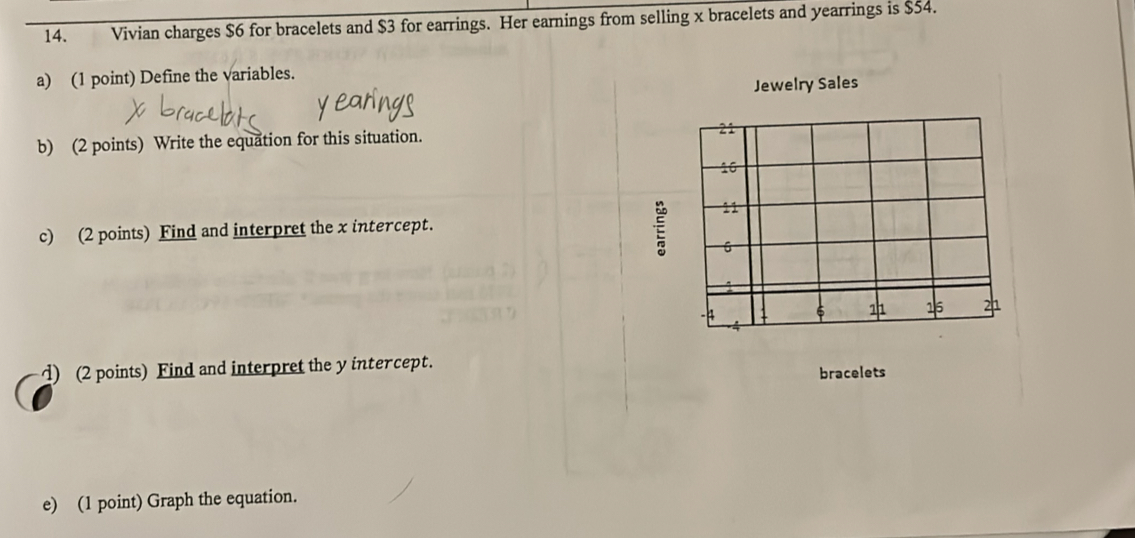 Vivian charges $6 for bracelets and $3 for earrings. Her earnings from selling x bracelets and yearrings is $54. 
a) (1 point) Define the variables. 
Jewelry Sales 
b) (2 points) Write the equation for this situation. 
c) (2 points) Find and interpret the x intercept. 
d) (2 points) Find and interpret the y intercept. 
bracelets 
e) (1 point) Graph the equation.