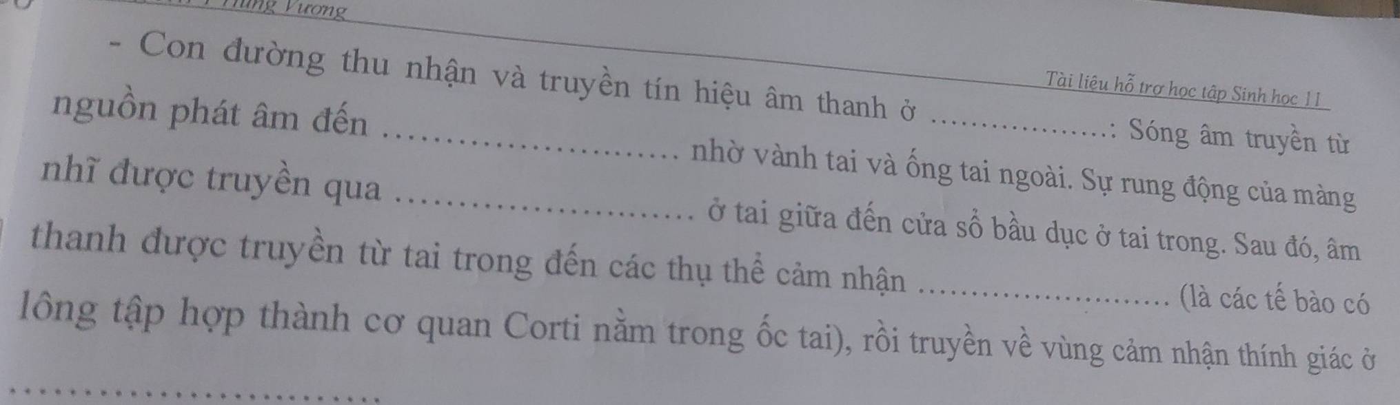 ng Vương 
- Con đường thu nhận và truyền tín hiệu âm thanh ở 
Tài liệu hỗ trợ học tập Sinh học 11 
:: Sóng âm truyền từ 
nguồn phát âm đến _nhờ vành tai và ống tai ngoài. Sự rung động của màng 
nhĩ được truyền qua _ở tai giữa đến cửa số bầu dục ở tai trong. Sau đó, âm 
thanh được truyền từ tai trong đến các thụ thể cảm nhận _(à các tế bào có 
lông tập hợp thành cơ quan Corti nằm trong ốc tai), rồi truyền về vùng cảm nhận thính giác ở