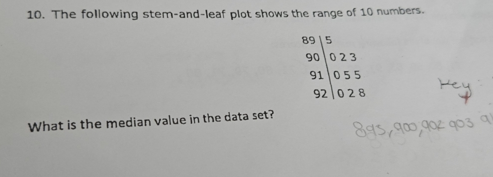 The following stem-and-leaf plot shows the range of 10 numbers.
beginarrayr 89.15 902 923 921028endarray 
What is the median value in the data set?