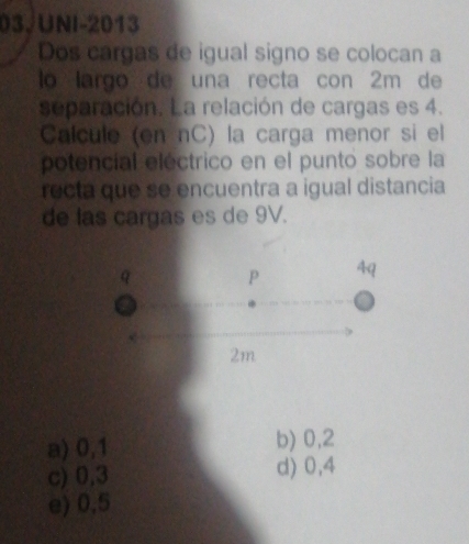 UNI-2013
Dos cargas de igual signo se colocan a
lo largo de una recta con 2m de
separación. La relación de cargas es 4.
Calcule (en nC) la carga menor si el
potencial eléctrico en el punto sobre la
recta que se encuentra a igual distancia
de las cargas es de 9V.
a) 0,1 b) 0,2
c) 0,3 d) 0,4
e) 0,5