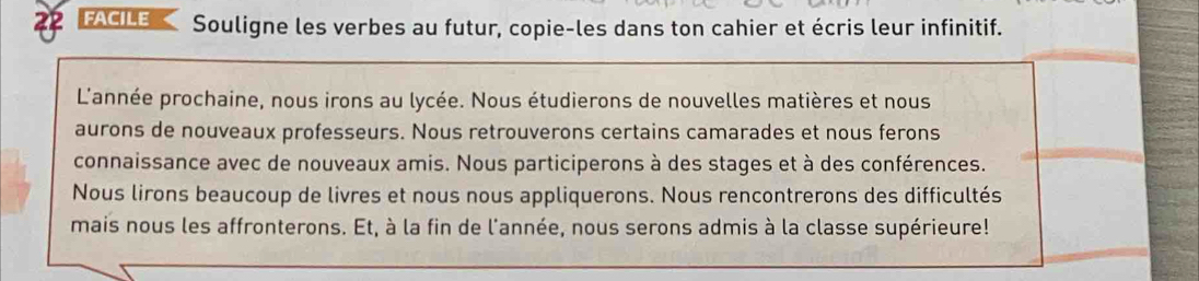 FACILE Souligne les verbes au futur, copie-les dans ton cahier et écris leur infinitif. 
L'année prochaine, nous irons au lycée. Nous étudierons de nouvelles matières et nous 
aurons de nouveaux professeurs. Nous retrouverons certains camarades et nous ferons 
connaissance avec de nouveaux amis. Nous participerons à des stages et à des conférences. 
Nous lirons beaucoup de livres et nous nous appliquerons. Nous rencontrerons des difficultés 
mais nous les affronterons. Et, à la fin de l'année, nous serons admis à la classe supérieure!