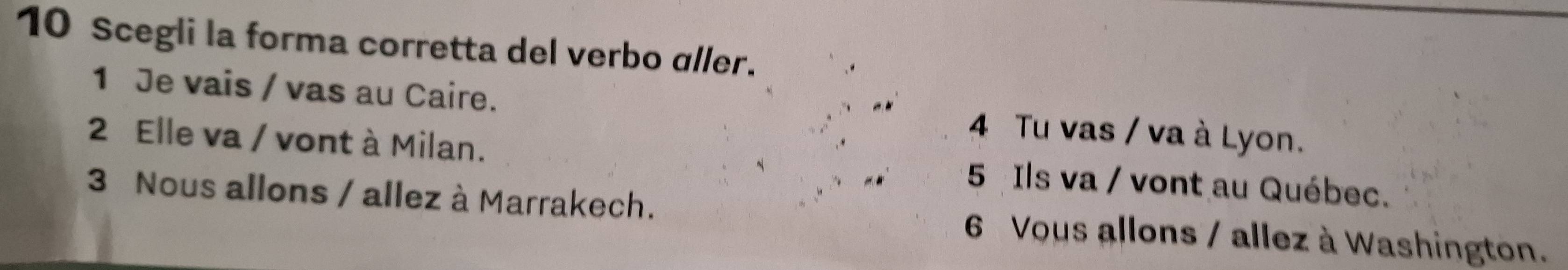 Scegli la forma corretta del verbo aller.
1 Je vais / vas au Caire. 4 Tu vas / va à Lyon.
2 Elle va / vont à Milan. 5 Ils va / vont au Québec.
3 Nous allons / allez à Marrakech. 6 Vous allons / allez à Washington.