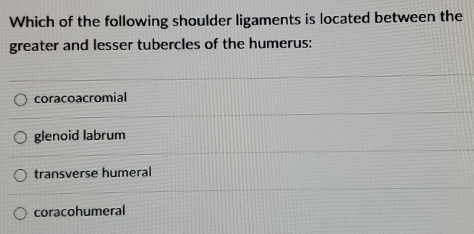 Which of the following shoulder ligaments is located between the
greater and lesser tubercles of the humerus:
coracoacromial
glenoid labrum
transverse humeral
coracohumeral