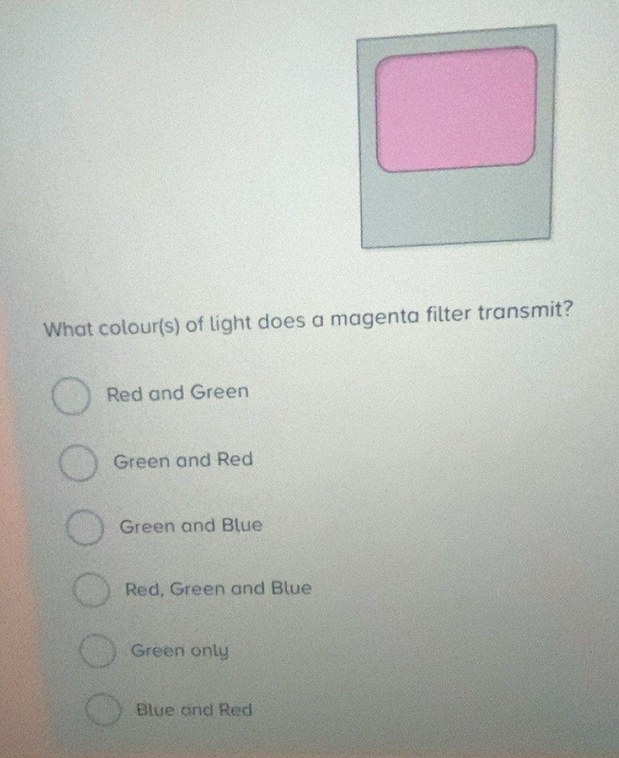 Solved: What colour(s) of light does a magenta filter transmit? Red and ...