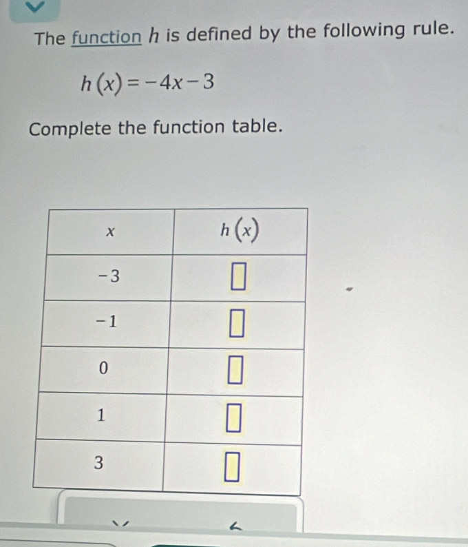 The function h is defined by the following rule.
h(x)=-4x-3
Complete the function table.