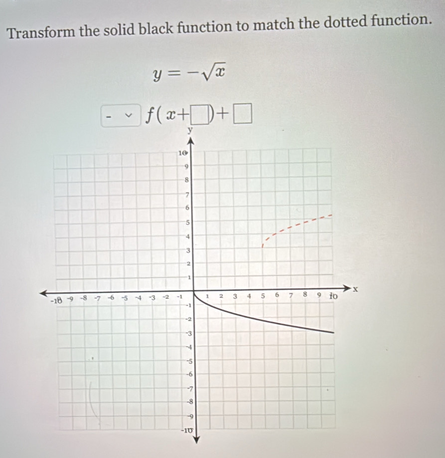 Transform the solid black function to match the dotted function.
y=-sqrt(x)
f(x+□ )+□