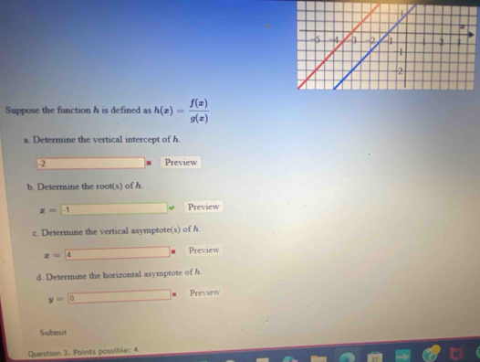 Suppose the function h is defined as h(x)= f(x)/g(x) 
a. Determine the vertical intercept of h
-2 Preview 
b. Determine the root(s) of h
x= -1
Preview 
c. Determine the vertical asymptote(s) of h.
x= Preview 
d. Determine the horizontal asymptote of h. 
Preview
y= U 
Submit 
Question 3. Points possible: 4