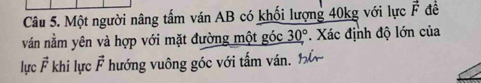 Một người nâng tấm ván AB có khổi lượng 40kg với lực vector F để 
ván nằm yên và hợp với mặt đường một góc _ (30)° Xác định độ lớn của 
lực vector F khi lực vector F hướng vuông góc với tấm ván.