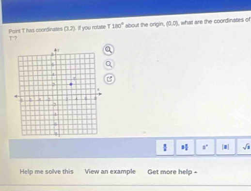 Point T has coordinates (3,2). If you rotate T f 180° about the origin, (0,0) , what are the coordinates of
T'?
 □ /□   8 π /8  □° [□ ] sqrt(□ )
Help me solve this View an example Get more help ^