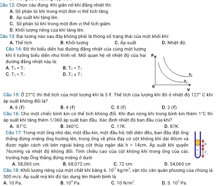 Chọn câu đúng: Khi giân nở khi đẳng nhiệt thì:
A. Số phân tử khí trong một đơn vị thế tích tăng.
B. Ảp suất khí tāng lên.
C. Số phân tử khí trong một đơn vị thể tích giám.
D. Khối lượng riêng của khí tăng lên.
Câu 13: Đại lượng nào sau đây không phải là thông số trạng thái của một khối khí:
A. Thế tích B. Khối lượng C. Áp suất D. Nhiệt độ
Câu 14:DO thị biểu diễn hai đường đảng nhiệt của cùng một lượng
khi lí tưởng biểu diễn như hình vẽ. Mối quan hệ về nhiệt độ của hai
đường đẳng nhiệt này là:
A. T_2>T_1 B. T_2=T_1
C. T_2 D. T_2≤ T_1
Câu 15:027°C thi thể tích của một lượng khi là 3 १. Thể tích của lượng khi đó ở nhiệt độ 127°C khi
áp suất không đổi là
A. 6(ell ) B. 4(ell ) C. 8(8) D. 2(ell )
Câu 16: Cho một chiếc bình kin có thể tích không đối. Khi đun nóng khí trong bình kín thêm 1°C
áp suất khí tăng thêm 1/360 áp suất ban đầu. Xác định nhiệt độ ban đầu của khí? thì
A. 87°C. B. 360°C. C. 17K. D. B7K.
Câu 17: Trong một ống nhỏ dài, một đầu kín, một đầu hở, tiết diện đều, ban đầu đặt ống
thắng đứng miệng ống hướng lên, trong ống về phía đảy có cột không khí dài 40cm và
được ngăn cách với bên ngoài bằng cột thủy ngân dài h=14cm. Áp suất khi quyển
76cmHg và nhiệt độ không đối. Tính chiều cao của cột không khí trong ống của các
trường hợp.Ống thắng đứng miệng ở dưới
A. 58,065 cm. B. 68,072 cm. C. 72 cm. D. 54,065 cm
Câu 18: Khối lượng riêng của một chất khí bằng 6. 10^(-2)kg/m^3 , vận tốc căn quân phương của chúng là
500 m/s. Ấp suất mà khi đó tác dụng lên thành bình là
A. 10 Pa. B. 10^4Pa. C. 10N/m^2. D. 5.10^3Pa.