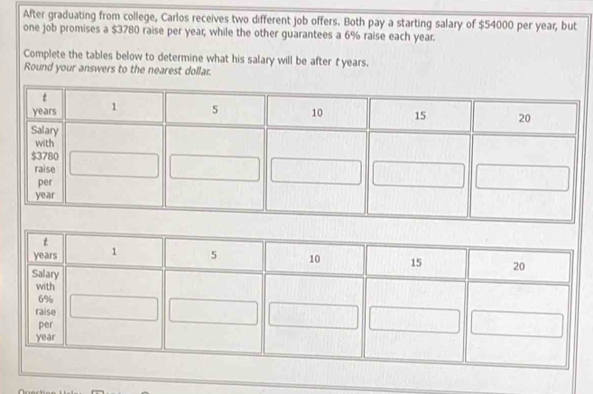 After graduating from college, Carlos receives two different job offers. Both pay a starting salary of $54000 per year, but 
one job promises a $3780 raise per year, while the other guarantees a 6% raise each year. 
Complete the tables below to determine what his salary will be after t years. 
Round your answers to the nearest dollar.