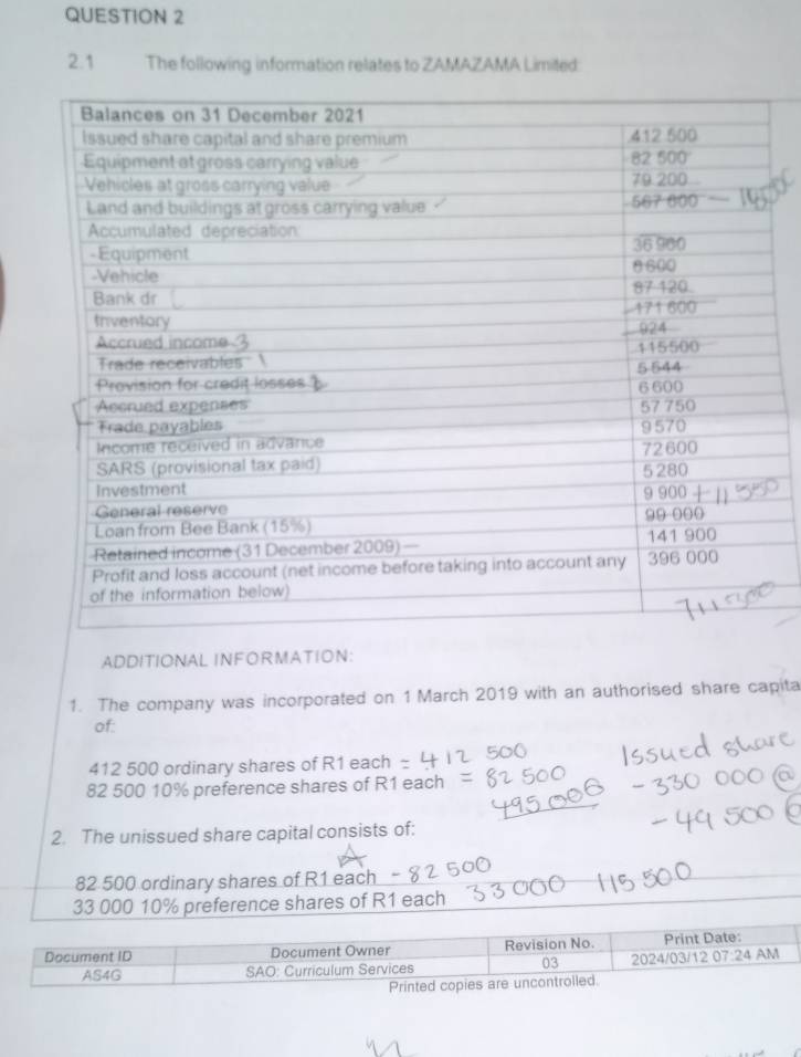 2.1 The following information relates to ZAMAZAMA Limiled
ADDITIONAL INFORMATION:
1. The company was incorporated on 1 March 2019 with an authorised share capita
of:
412 500 ordinary shares of R1 each
82 500 10% preference shares of R1 each
2. The unissued share capital consists of:
82 500 ordinary shares of R1 each
33 000 10% preference shares of R1 each