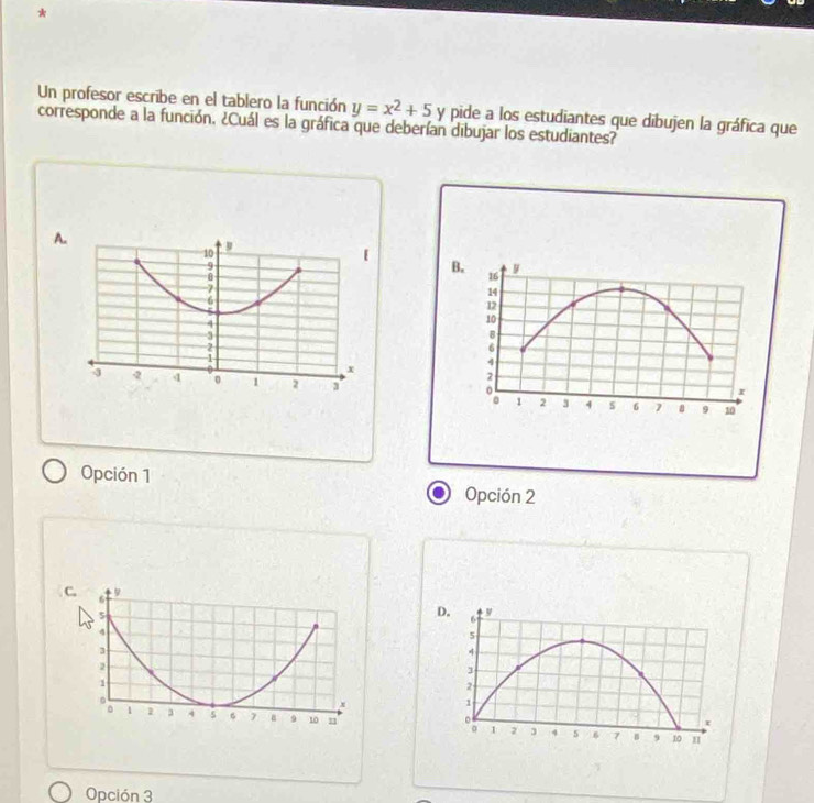 Un profesor escribe en el tablero la función y=x^2+5
corresponde a la función. ¿Cuál es la gráfica que deberían dibujar los estudiantes? y pide a los estudiantes que dibujen la gráfica que
A.
10
u
7
6
5
4
3
x
3 2 4 。 1 2 3
Opción 1 Opción 2
C.
6
5
D. 6 y
4
5
3
4
2
3
1
2
x
1
r
1 1 3 4 5 6 7 a 9 10 1 2 3 4 5 6 7 B 9 10
Opción 3