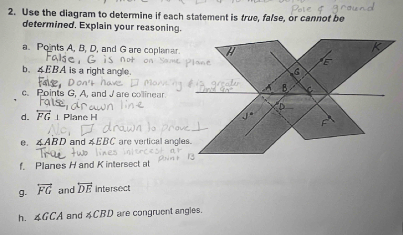 Use the diagram to determine if each statement is true, false, or cannot be 
determined. Explain your reasoning. 
a. Points A, B, D, and G are coplanar. 
b. ∠ EBA is a right angle. 
c. Points G, A, and J are collinear. 
d. overleftrightarrow FG⊥ Pla ne H
e. ∠ ABD and ∠ EBC are vertical angles. 
f. Planes H and K intersect at 
g. overleftrightarrow FG and overleftrightarrow DE intersect 
h. ∠ GCA and ∠ CBD are congruent angles.