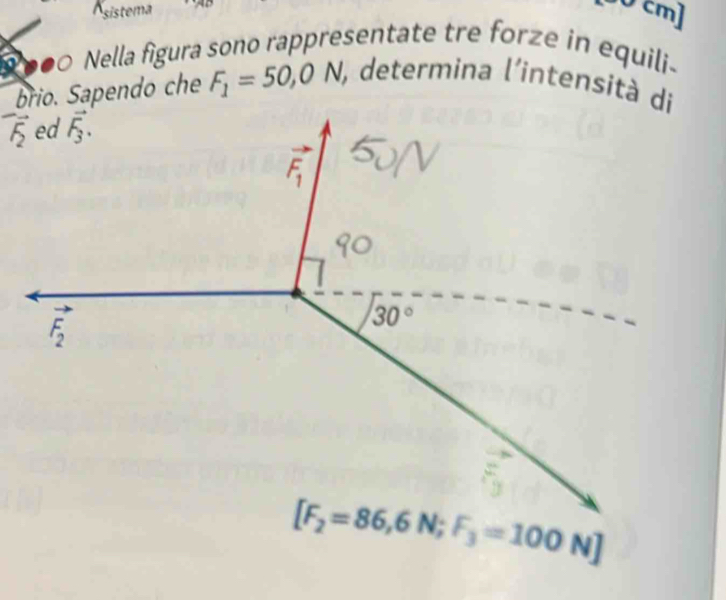 sistema 0 cm]
000 Nella figura sono rappresentate tre forze in equili-
brio. Sapendo che F_1=50,0N I, determina l'intensità di