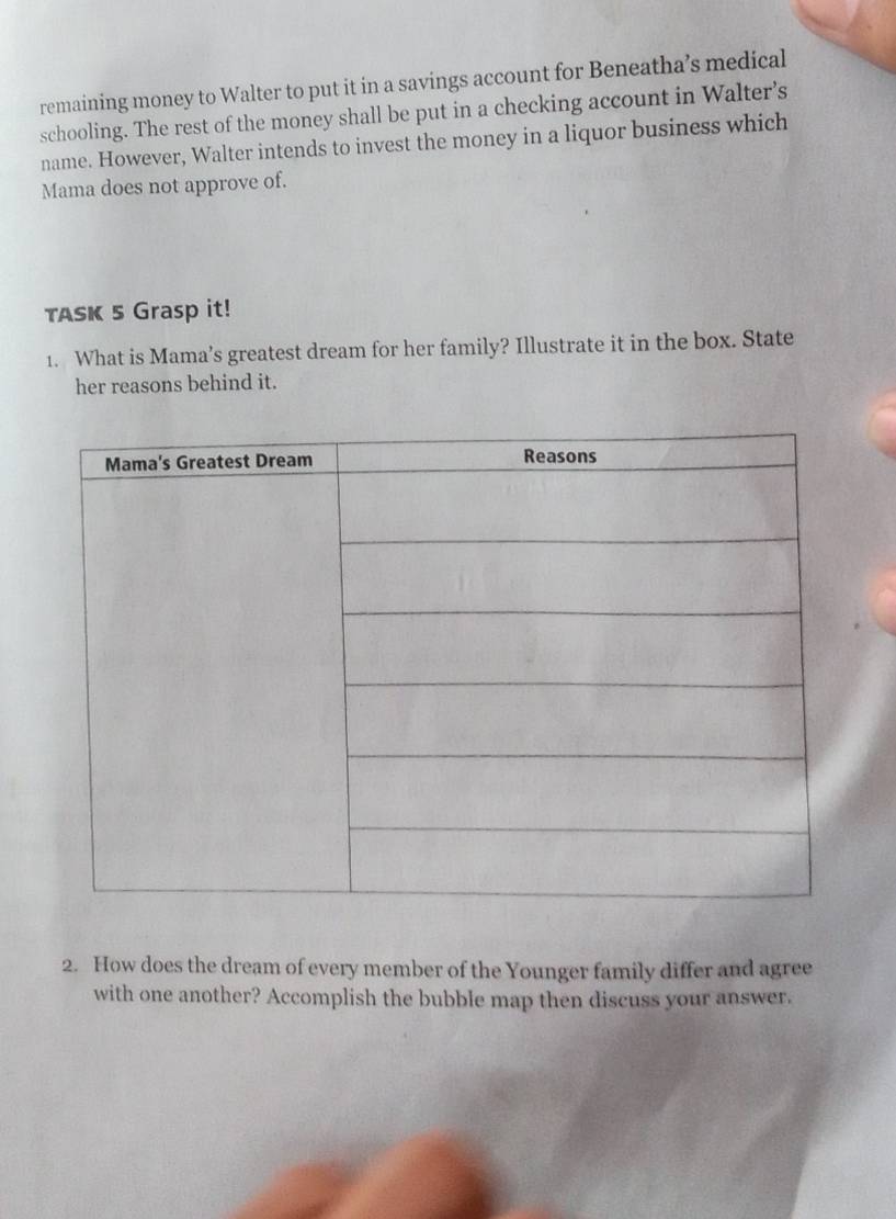 remaining money to Walter to put it in a savings account for Beneatha’s medical 
schooling. The rest of the money shall be put in a checking account in Walter’s 
name. However, Walter intends to invest the money in a liquor business which 
Mama does not approve of. 
TASK 5 Grasp it! 
1. What is Mama’s greatest dream for her family? Illustrate it in the box. State 
her reasons behind it. 
2. How does the dream of every member of the Younger family differ and agree 
with one another? Accomplish the bubble map then discuss your answer.