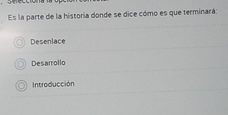 sé féccióna
Es la parte de la historia donde se dice cómo es que terminará:
Desenlace
Desarrollo
Introducción