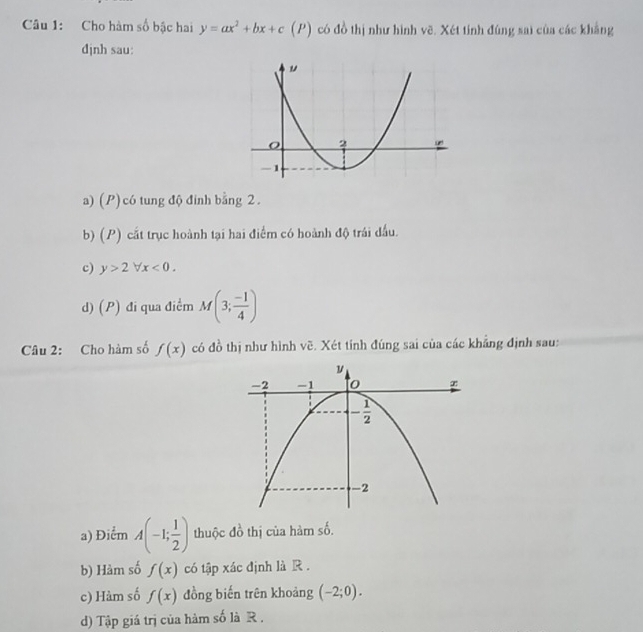 Cho hàm số bậc hai y=ax^2+bx+c(P ) có đồ thị như hình vẽ. Xét tính đúng sai của các khẳng
djnh sau:
a) (P) có tung độ đinh bằng 2.
b) (P) cất trục hoành tại hai điểm có hoành độ trái đấu.
c) y>2forall x<0.
d) (P) đi qua điểm M(3; (-1)/4 )
Câu 2: Cho hàm số f(x) có đồ thị như hình vẽ. Xét tính đúng sai của các khẳng định sau:
a) Điểm A(-1; 1/2 ) thuộc đồ thị của hàm số.
b) Hàm số f(x) có tập xác định là R .
c) Hàm số f(x) đồng biến trên khoảng (-2;0).
d) Tập giá trị của hàm số là R .