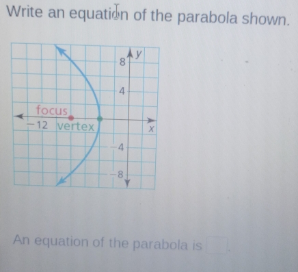 Write an equation of the parabola shown. 
An equation of the parabola is □.