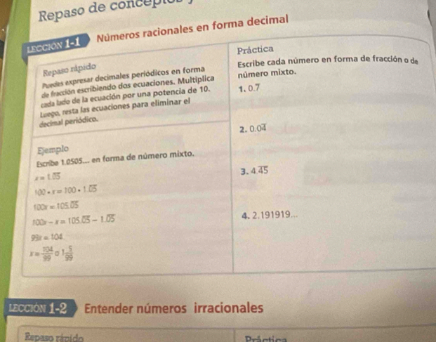 Repaso de concópió
ma decimal
LECCIÓN 1-2 Entender números irracionales
Repaso rávido  Práctic