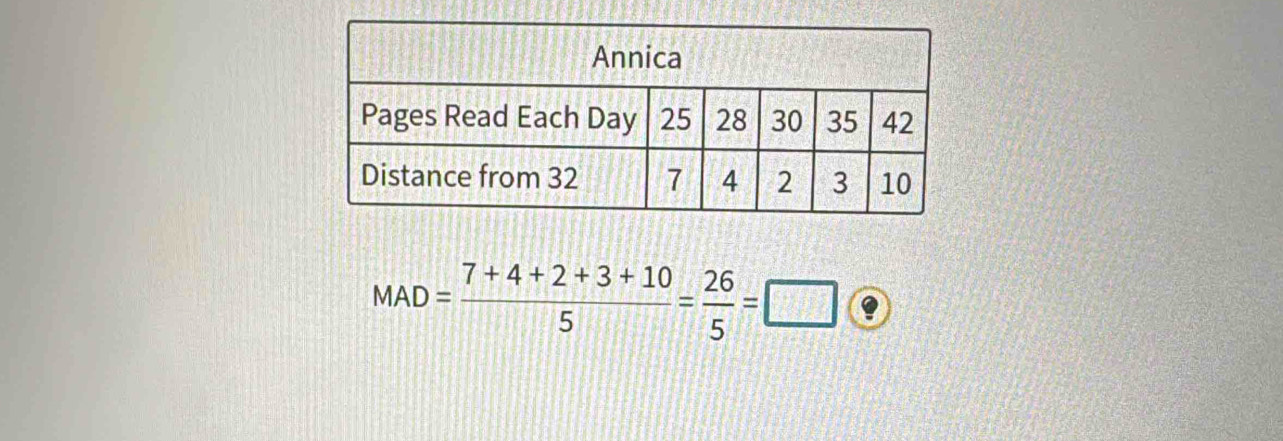 MAD= (7+4+2+3+10)/5 = 26/5 =□