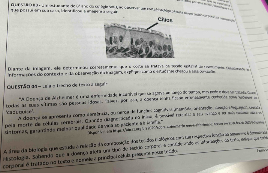 a  que se caracteriza
en inadas por esse tecido, identifique o 
que possui em sua casa, identificou a imagem a seguir.
QUESTÃO 03 - Um estudante do 8° ano do colégio WRJ, ao observar um corte histológico (corte de um tecido corporal) no microscópio
Diante da imagem, ele determinou corretamente que o corte se tratava de tecido epitelial de revestimento. Considerando as
informações do contexto e da observação da imagem, explique como o estudante chegou a essa conclusão.
QUESTÃO 04 - Leia o trecho de texto a seguir:
“A Doença de Alzheimer é uma enfermidade incurável que se agrava ao longo do tempo, mas pode e deve ser tratada. Quase
todas as suas vítimas são pessoas idosas. Talvez, por isso, a doença tenha ficado erroneamente conhecida como 'esclerose" ou
‘caduquice’.
A doença se apresenta como demência, ou perda de funções cognitivas (memória, orientação, atenção e linguagem), causada
pela morte de células cerebrais. Quando diagnosticada no início, é possível retardar o seu avanço e ter mais controle sobre os
sintomas, garantindo melhor qualidade de vida ao paciente e à família."
Disponível em https://abraz.org.br/2020/sobre-alzheimer/o-que-e-alzheimer-2 Acesso em 12 de fev. de 2023 (Adaptado).
A área da biologia que estuda a relação da composição dos tecidos biológicos com sua respectiva função no organismo é denominada
Histologia. Sabendo que a doença afeta um tipo de tecido corporal e considerando as informações do texto, indique que tecido
corporal é tratado no texto e nomeie a principal célula presente nesse tecido.  Página 1