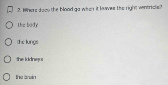 Where does the blood go when it leaves the right ventricle?
the body
the lungs
the kidneys
the brain