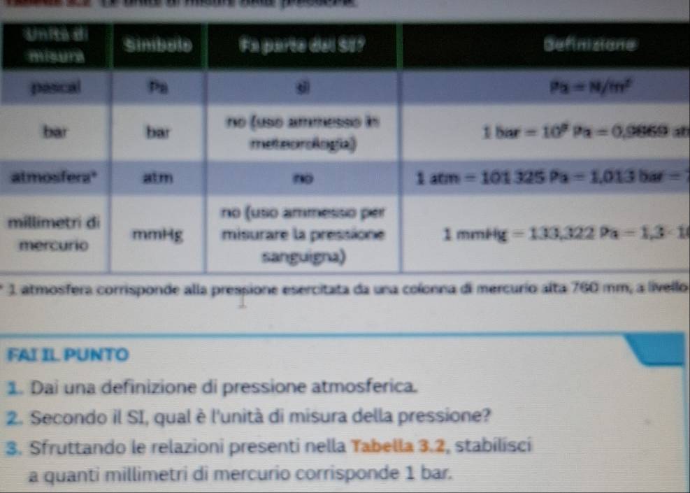 a
a
m
1lo
FAI IL PUNTO
1. Dai una definizione di pressione atmosferica.
2. Secondo il SI, qual è l'unità di misura della pressione?
3. Sfruttando le relazioni presenti nella Tabella 3.2, stabilíscí
a quanti millimetri di mercurio corrisponde 1 bar.