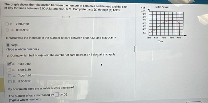The graph shows the relationship between the number of cars on a certain road and the time
of day for times between 5:00A.M . and 9:00 AM 1. Complete parts (a) through (e) below. Cars # of Traffic Patterns
900
800
700
C. 7:00-7:30 500 600 -
D. 8:30-9:00
400
300
c. What was the increase in the number of cars between 8:00 A.M. and 8:30 A.M.? Sam 6am 7ar Bar 9wm
Time
0 car(s)
(Type a whole number.)
d. During which half hour(s) did the number of cars decrease? Select all that apply.
A. 8:30-9:00
B. 6:00-6:30
C. 7:00-7:30
D. 5:00-5:30
By how much does the number of cars decrease?
The number of cars decreased by □ car(s)
(Type a whole number.)