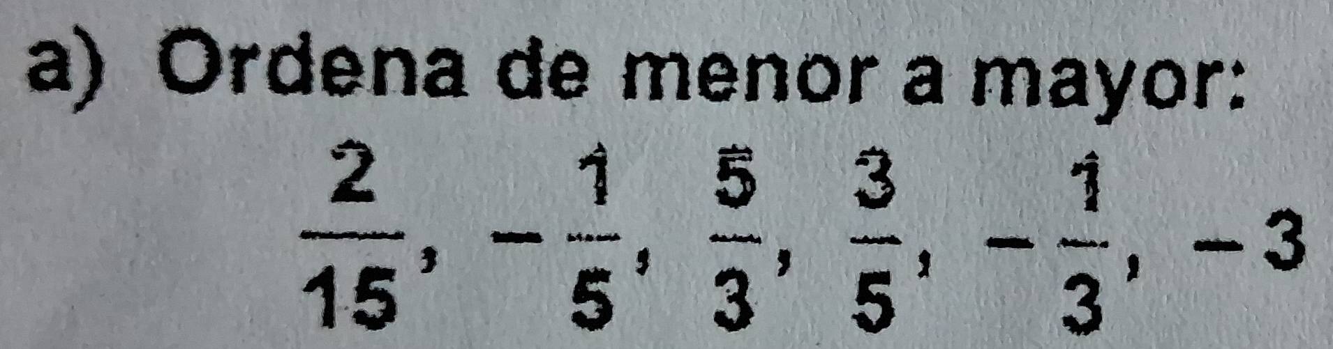 Ordena de menor a mayor:
 2/15 , - 1/5 ,  5/3 ,  3/5 , - 1/3 , -3