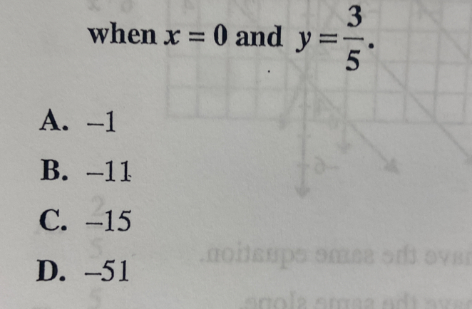 when x=0 and y= 3/5 .
A. -1
B. -11
C. -15
D. -51