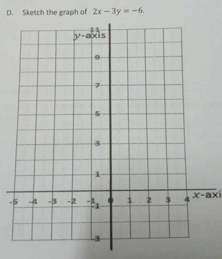 Sketch the graph of 2x-3y=-6. 
- x-axi