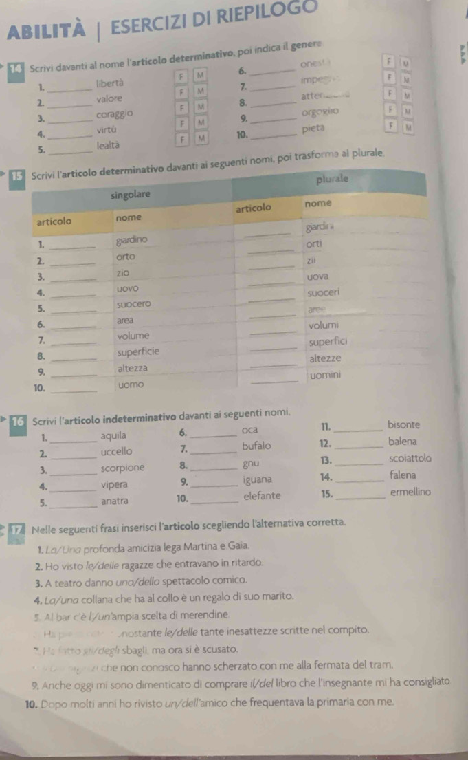 abilità ESERCIZI DI RIEPILOGO
1 Scrivi davanti al nome l'articolo determinativo, poi índica il geners
onest ! F u 7
1. libertà F M 6.
2.__ valore F M 7.__ impes  
F
atter F M
3. coraggio F M 8.
4. __virtù F M 9._ _orgogo
F M
5. lealtà M 10. pieta
F
mi, poi trasforma al plurale.
Scrivi ('articolo indeterminativo davanti ai seguenti nomi.
1. aquila 6._ oca 1._ bisonte
2. __uccello 7._ bufalo 12._ balena
3._ scorpione 8._ gnu 13. _scoiattolo
4._ vipera 9._ iguana 14. _falena
5._ anatra 10._ elefante 15._ ermellino
e Nelle seguenti frasi inserisci l'articolo scegliendo l'alternativa corretta.
1. Lo/Una profonda amicizia lega Martina e Gaia.
2. Ho visto le/deile ragazze che entravano in ritardo.
3, A teatro danno uno/dello spettacolo comico.
4, Lɑ/una collana che ha al collo è un regalo di suo marito.
5. Al bar c'è l'/un'ampia scelta di merendine.
Ha pre r oec onostante le/delle tante inesattezze scritte nel compito.
7. He fatto gii/degli sbagli, ma ora si è scusato.
be  orgron che non conosco hanno scherzato con me alla fermata del tram.
9. Anche oggi mi sono dimenticato di comprare il/del libro che l'insegnante mi ha consigliato
10. Dopo molti anni ho rivisto un/dell'amico che frequentava la primaria con me.