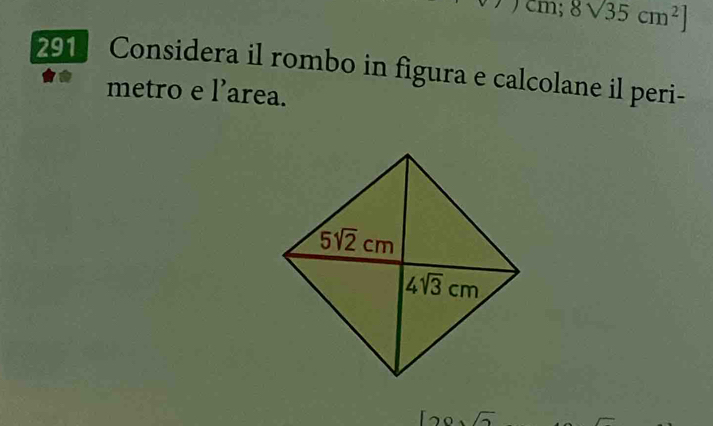 7)cm;8sqrt(35)cm^2]
291] Considera il rombo in figura e calcolane il peri-
metro e l’area.
120sqrt(2)