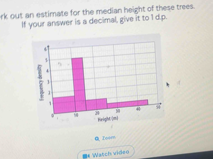 rk out an estimate for the median height of these trees. 
If your answer is a decimal, give it to 1 d.p. 
Q Zoom 
Watch video