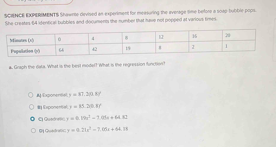 SCIENCE EXPERIMENTS Shawnte devised an experiment for measuring the average time before a soap bubble pops.
She creates 64 identical bubbles and documents the number that have not popped at various times.
a. Graph the data. What is the best model? What is the regression function?
A) Exponential; y=87.2(0.8)^x
B) Exponential; y=85.2(0.8)^x
C) Quadratic; y=0.19x^2-7.05x+64.82
D) Quadratic; y=0.21x^2-7.05x+64.18