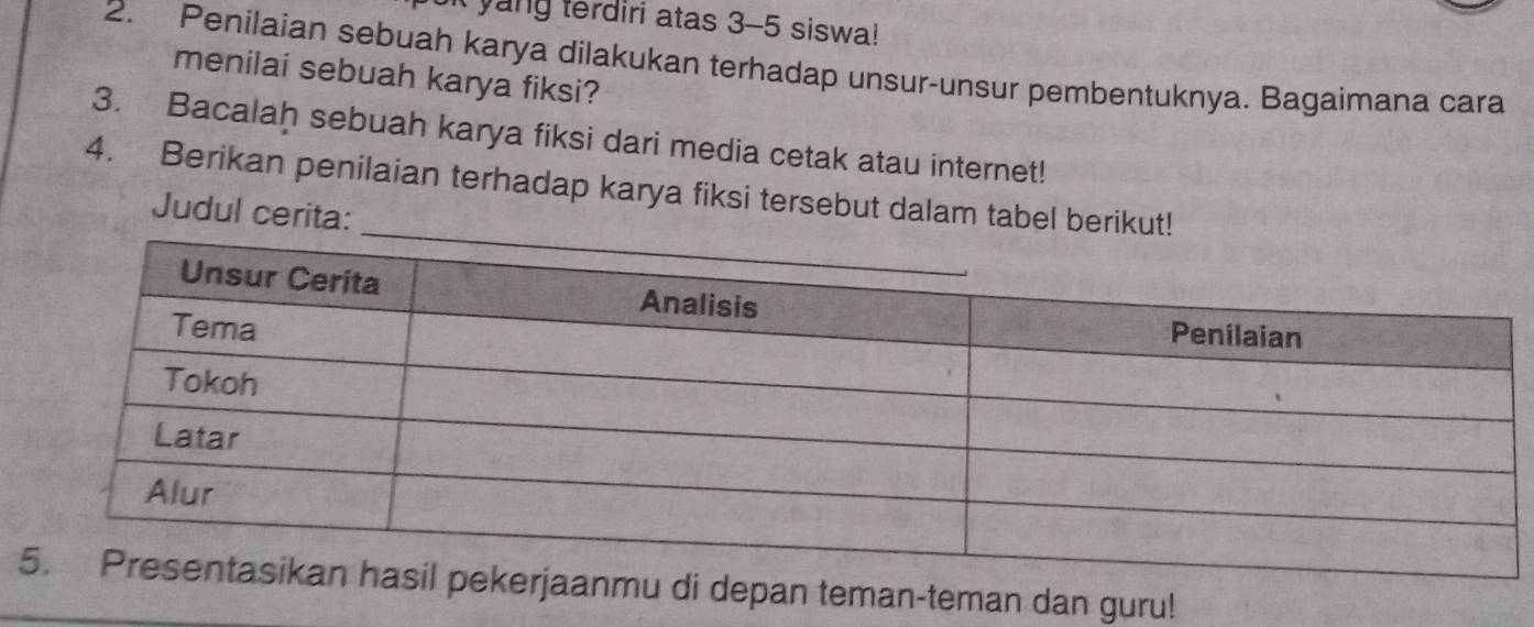 yang terdiri atas 3-5 siswa! 
2. Penilaian sebuah karya dilakukan terhadap unsur-unsur pembentuknya. Bagaimana cara 
menilai sebuah karya fiksi? 
3. Bacalah sebuah karya fiksi dari media cetak atau internet! 
4. Berikan penilaian terhadap karya fiksi tersebut dalam tabel berikut! 
Judul cerita: 
di depan teman-teman dan guru!