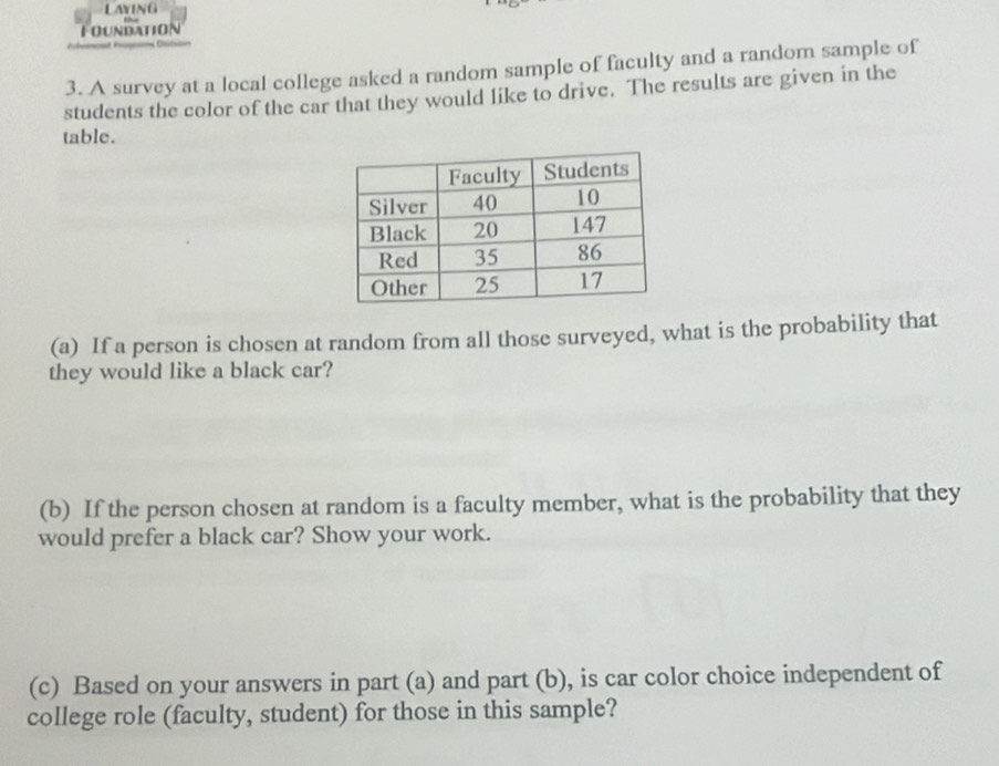 LAVING 
FOUNDAtION 
3. A survey at a local college asked a random sample of faculty and a random sample of 
students the color of the car that they would like to drive. The results are given in the 
table. 
(a) If a person is chosen at random from all those surveyed, what is the probability that 
they would like a black car? 
(b) If the person chosen at random is a faculty member, what is the probability that they 
would prefer a black car? Show your work. 
(c) Based on your answers in part (a) and part (b), is car color choice independent of 
college role (faculty, student) for those in this sample?