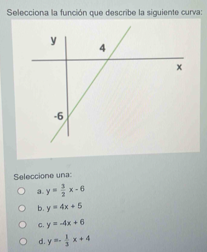 Selecciona la función que describe la siguiente curva:
Seleccione una:
a. y= 3/2 x-6
b. y=4x+5
C. y=-4x+6
d. y=- 1/3 x+4