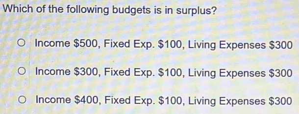 Which of the following budgets is in surplus?
Income $500, Fixed Exp. $100, Living Expenses $300
Income $300, Fixed Exp. $100, Living Expenses $300
Income $400, Fixed Exp. $100, Living Expenses $300