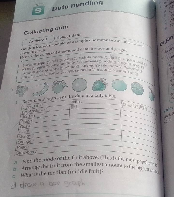 UN IT 
Data handling 
Rept 
è w W7 
W7 
d w C 
Collecting data 
H 

Activity 1 Collect data 
favourite fruit. Grade 6 learners completed a simple questionnaire to indicate their 
Organ 
Here is the collected ungrouped data: b= boy and g=girl
Activi 
Arraí 
Banana (b), panch (b), litchi (g), orange (g), apple (b), banana (b), peach (g), grapes (g), guaya (g) lí hí 
orlinge (b), peach (b), grapes (g), mango (b), strawberries (g), apple (g), orange (b), mango (b) 
flos 
mango (b), apple (g), banana (g), orange (g), apple (g), apple (b), mango (b), strawberries (g) 
grapes (b), apple (b), banana (g), grapes (g), banana (b), grapes (g), orange (g), litchi (g) 
the 
BB 
5 
cu 
pc 
data in a tally table. 
pi 
ine 
rs, b 
ld. 
a Fin popular fruit) 
b Arrange the fruit from the smallest amount to the biggest amount 
c What is the median (middle fruit)?