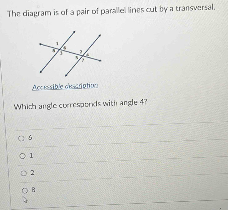 The diagram is of a pair of parallel lines cut by a transversal.
Accessible description
Which angle corresponds with angle 4?
6
1
2
8