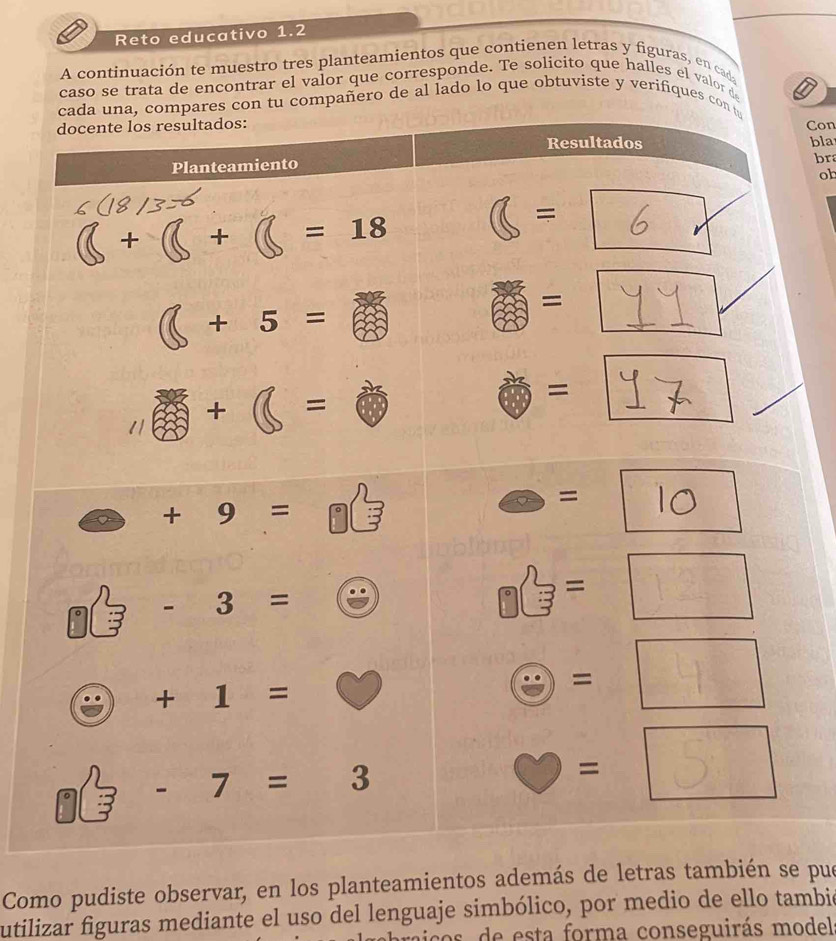 Reto educativo 1.2
A continuación te muestro tres planteamientos que contienen letras y figuras, en cad
caso se trata de encontrar el valor que corresponde. Te solicito que halles el valor de
añero de al lado lo que obtuviste y verifiques 
Con
bla
br
ob
Como pudiste observar, en los planteamientos además de letras también se pue
utilizar figuras mediante el uso del lenguaje simbólico, por medio de ello tambió
micos  de esta forma conseguirás model