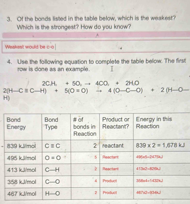 Of the bonds listed in the table below, which is the weakest?
Which is the strongest? How do you know?
A
Weakest would be c-o
4. Use the following equation to complete the table below. The first
row is done as an example.
2C_2H_2+5O_2to 4CO_2+2H_2O
2( H - Cequiv C-H)+5(O=O)to 4(O-C-O)+2(H-O-
H)