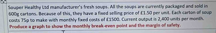 Souper Healthy Ltd manufacturer's fresh soups. All the soups are currently packaged and sold in
600g cartons. Because of this, they have a fixed selling price of £1.50 per unit. Each carton of soup 
costs 75p to make with monthly fixed costs of £1500. Current output is 2,400 units per month. 
Produce a graph to show the monthly break-even point and the margin of safety.