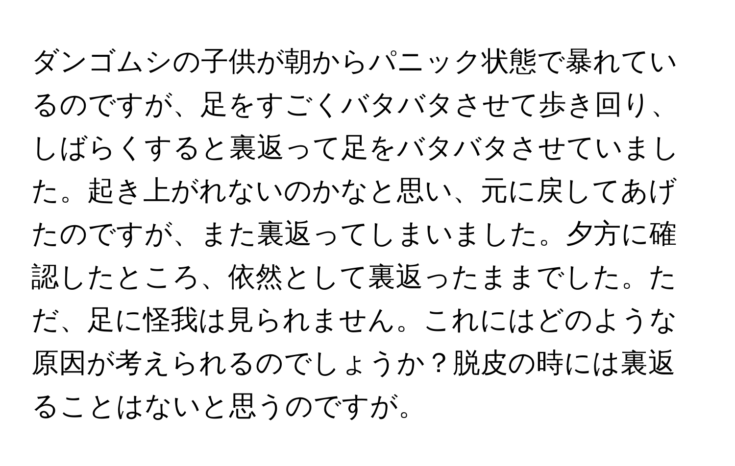 ダンゴムシの子供が朝からパニック状態で暴れているのですが、足をすごくバタバタさせて歩き回り、しばらくすると裏返って足をバタバタさせていました。起き上がれないのかなと思い、元に戻してあげたのですが、また裏返ってしまいました。夕方に確認したところ、依然として裏返ったままでした。ただ、足に怪我は見られません。これにはどのような原因が考えられるのでしょうか？脱皮の時には裏返ることはないと思うのですが。