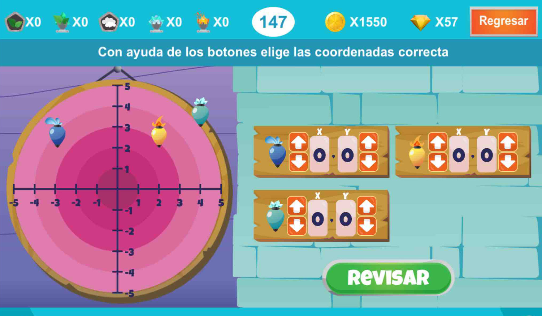 X0 X0 X0 X0 X0 147 * 1550 X57 Regresar 
Con ayuda de los botones elige las coordenadas correcta
5
4
3
Y
x Y
2
1
x
-5 -4 -3 -2 -1 1 2 3 4 5
-1
-2
-3
-4
Revisar
-5