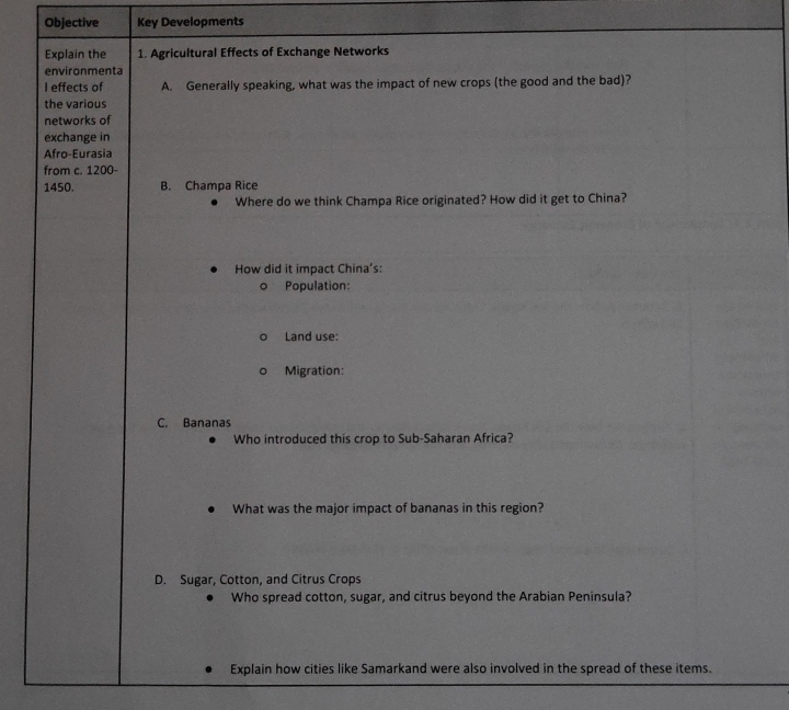 Objective Key Developments
Explain the 1. Agricultural Effects of Exchange Networks
environmenta
I effects of A. Generally speaking, what was the impact of new crops (the good and the bad)?
the various
networks of
exchange in
Afro-Eurasia
from c. 1200 -
1450. B. Champa Rice
Where do we think Champa Rice originated? How did it get to China?
How did it impact China’s:
Population:
Land use:
Migration:
C. Bananas
Who introduced this crop to Sub-Saharan Africa?
What was the major impact of bananas in this region?
D. Sugar, Cotton, and Citrus Crops
Who spread cotton, sugar, and citrus beyond the Arabian Peninsula?
Explain how cities like Samarkand were also involved in the spread of these items.