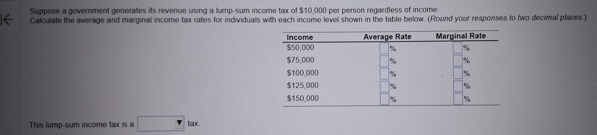 Suppose a government generates its revenue using a lump-sum income tax of $10,000 per person regardless of income. 
Calculate the average and marginal income tax rates for individuals with each income level shown in the table below. (Round your responses to two decimal places.) 
This lump-sum income tax is a tax